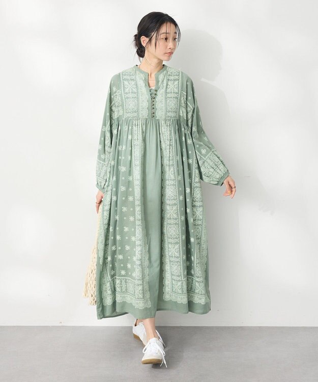 CRAFT STANDARD BOUTIQUE インド綿パネル柄ウエスト切り替えボリュームワンピース Light Green
