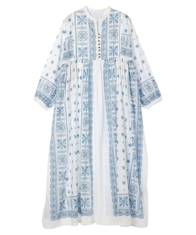 CRAFT STANDARD BOUTIQUE インド綿パネル柄ウエスト切り替えボリュームワンピース Blue