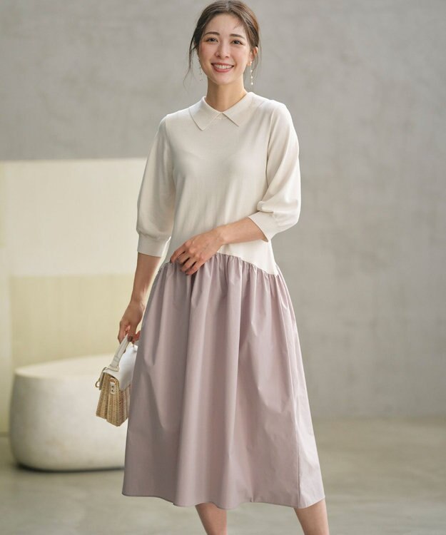 組曲 襟付きドッキング ニットワンピース ベージュ系