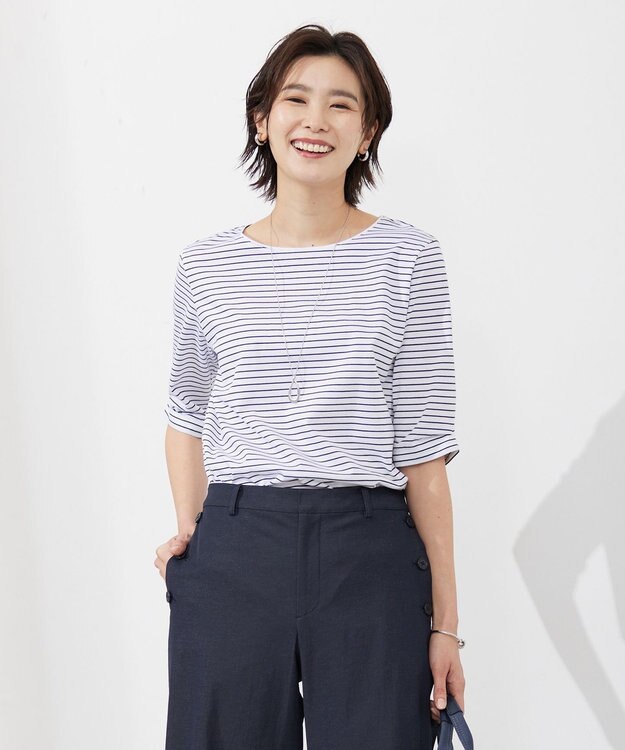 J.PRESS LADIES 【接触冷感・UVケア】 スムースジャージー タックスリーブ ボーダー カットソー ネイビー系1