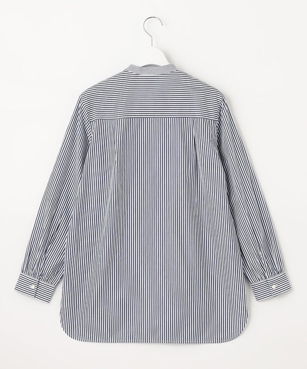 J.PRESS LADIES 【洗える】 コンパクトコットン ストライプ バンドカラー ブラウス ネイビー系1