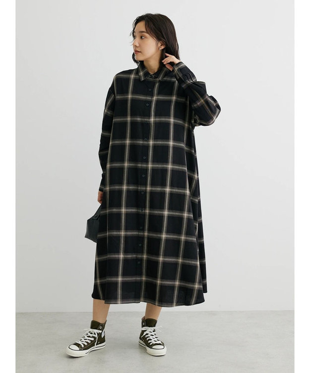 Green Parks ビエラチェックシャツワンピース Black