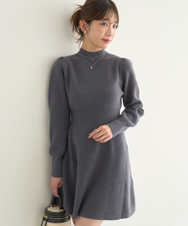earth music&ecology ウエストリブフレアニットミニワンピース Charcoal Gray