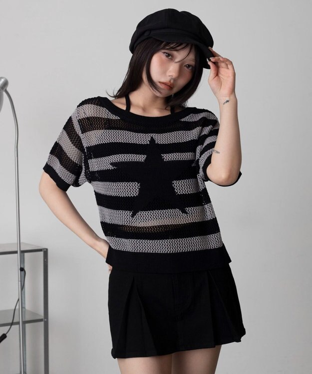 WEGO オフショルメッシュニット（S） グレーボーダー