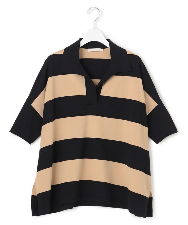 ICB L 【先行予約】VIS/NYハイゲージ 半袖ボーダーポロニット ベージュ×ブラックボーダー
