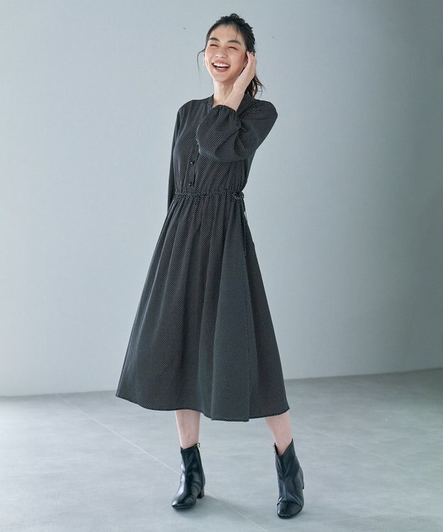 ANY 【洗濯機可能/ウエストゴム】ウエストギャザー ワンピース ブラックドット