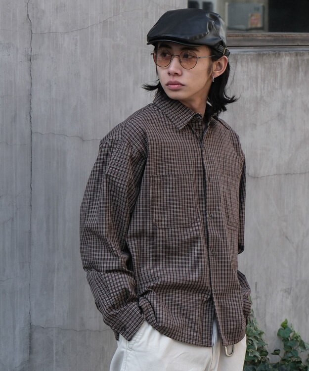 WEGO ミニマムチェックショートシャツ（LS） ブラウンチェック1