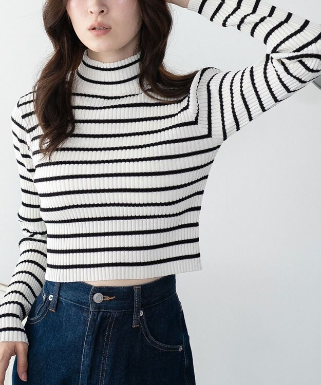 WEGO 【2025年秋冬新作】リブハイネックショートニット ホワイトボーダー