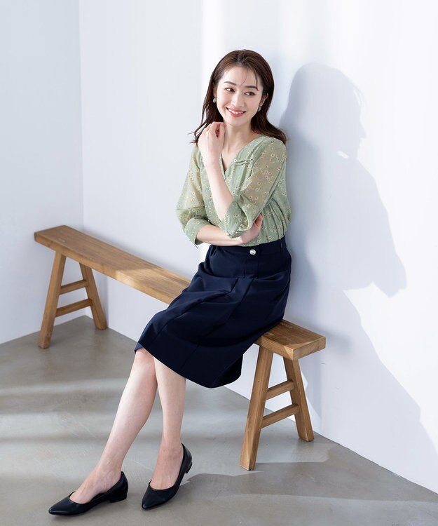 Tiaclasse L 【洗える】花柄Vネックブラウス グリーン