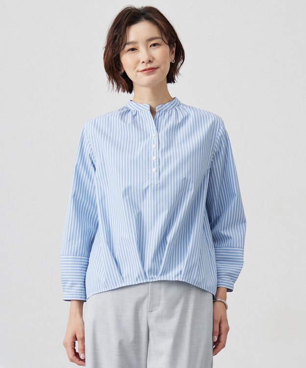 J.PRESS LADIES 【洗える・接触冷感・UVケア】エステネージュストライプ コクーン ブラウス サックスストライプ系