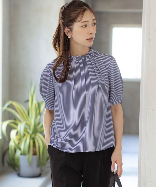 組曲 ライトデシンフリル襟 ブラウス ブルーストライプ系1