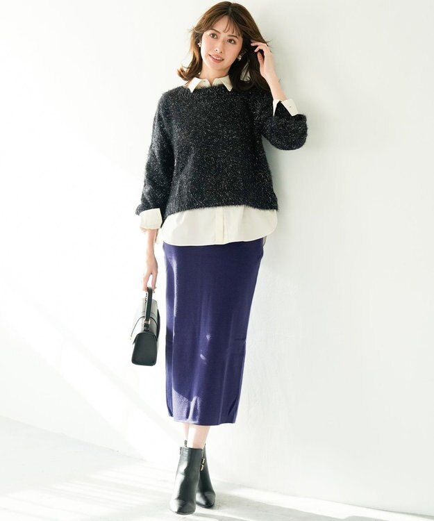 ANY SIS 【洗える・セットアップ可】アンチピリング総針ニット スカート ダークブルー