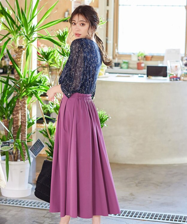 Tiaclasse L 【洗える】花柄Vネックブラウス ネイビー