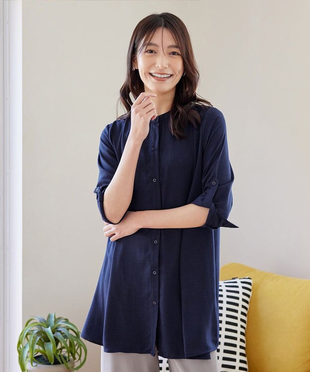 Tiaclasse 【新色追加・洗える】バンドカラーシャツチュニックブラウス ネイビー