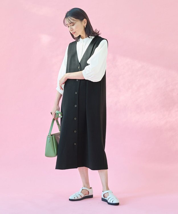 ANY 【2WAY・洗える】Vネック ジレワンピース ブラック系