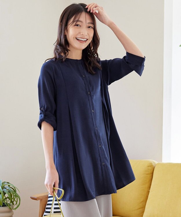 Tiaclasse 【新色追加・洗える】バンドカラーシャツチュニックブラウス ネイビー