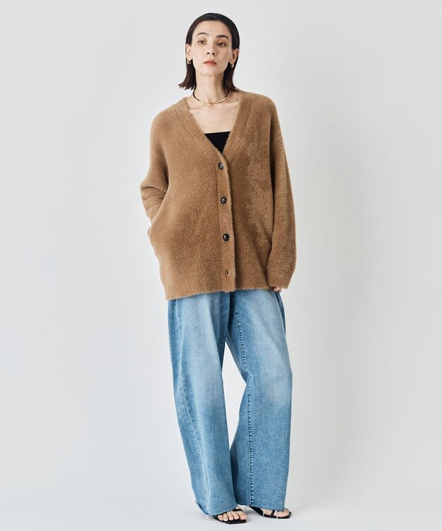 UNFILO ナイロンシャギー Vネックカーディガン キャメル