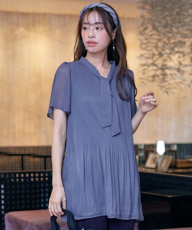 Tiaclasse 【洗える】マジョリカプリーツシフォンチュニックブラウス ブルー