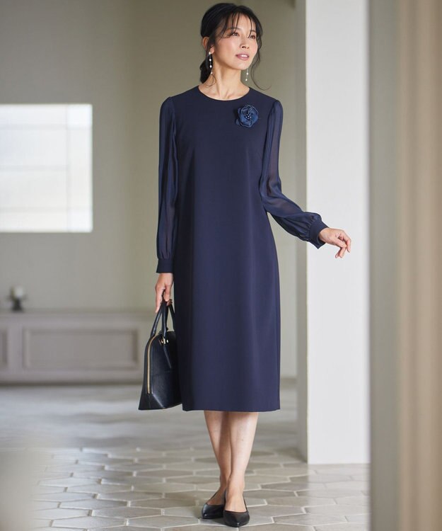 23区 【セットアップ対応】トリアセダブルジョーゼット シフォンスリーブ ワンピース ネイビー系