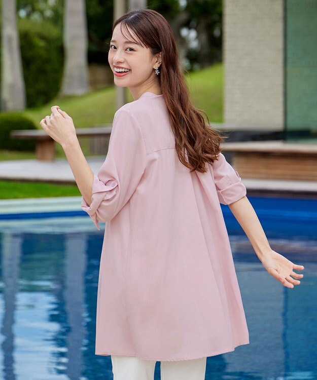 Tiaclasse 【新色追加・洗える】バンドカラーシャツチュニックブラウス ピンク