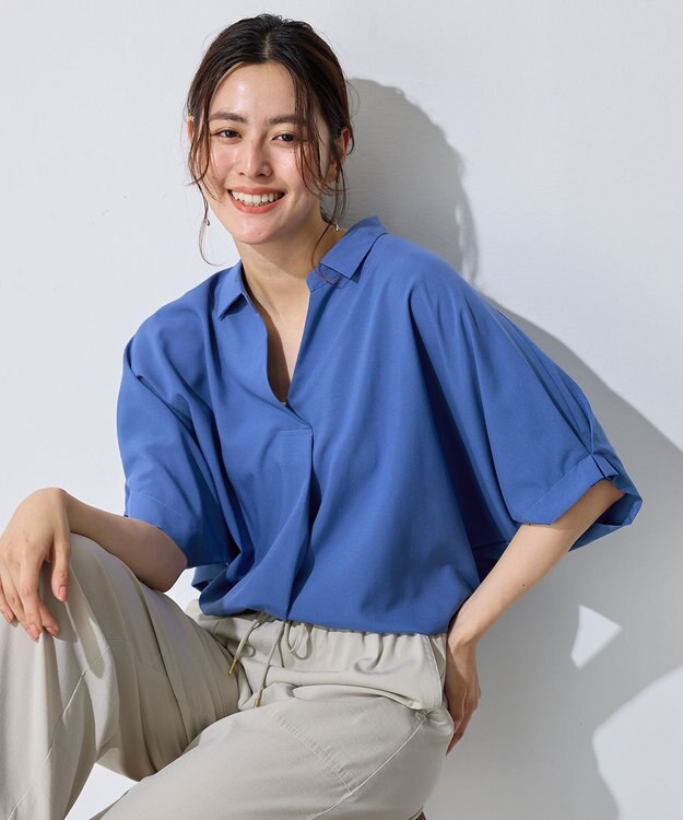 ANY 【新色追加】スキッパーネック袖タックブラウス ブルー