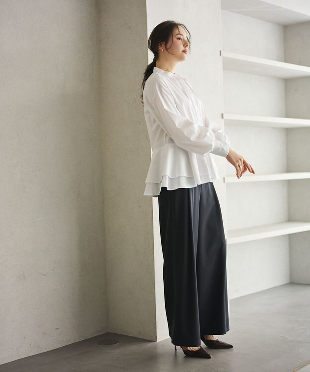 #Newans 【シワになりにくい/洗濯機可能】ダブルフリルヘムシャツ ホワイト