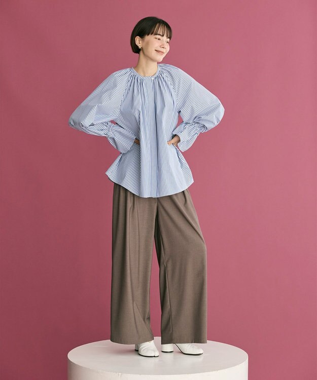 #Newans 【洗濯機可】フルギャザーブラウス ブルーストライプ