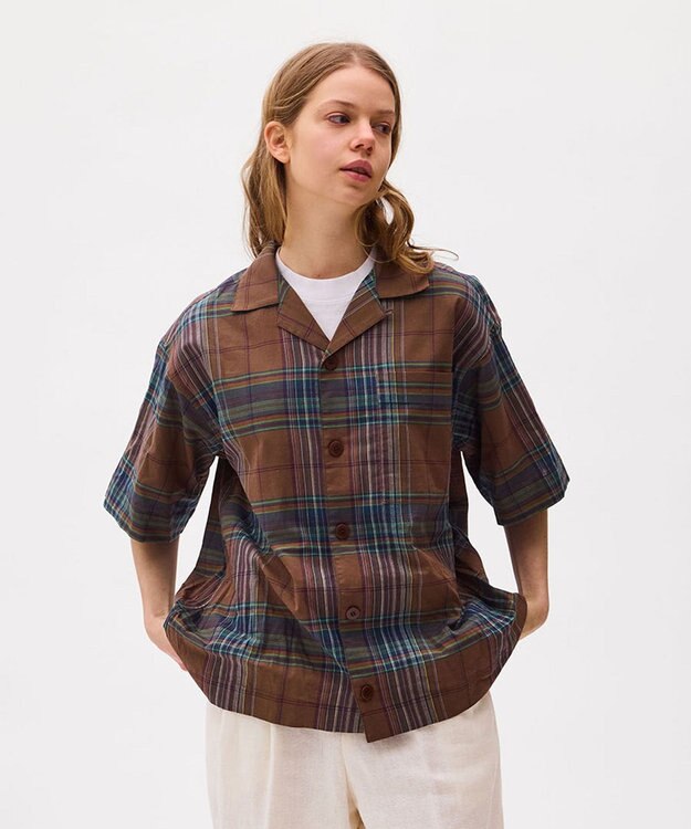 LENO DARK MADRAS CHECK OPEN COLLAR SHIRTS / マドラスチェックブラウス BROWN