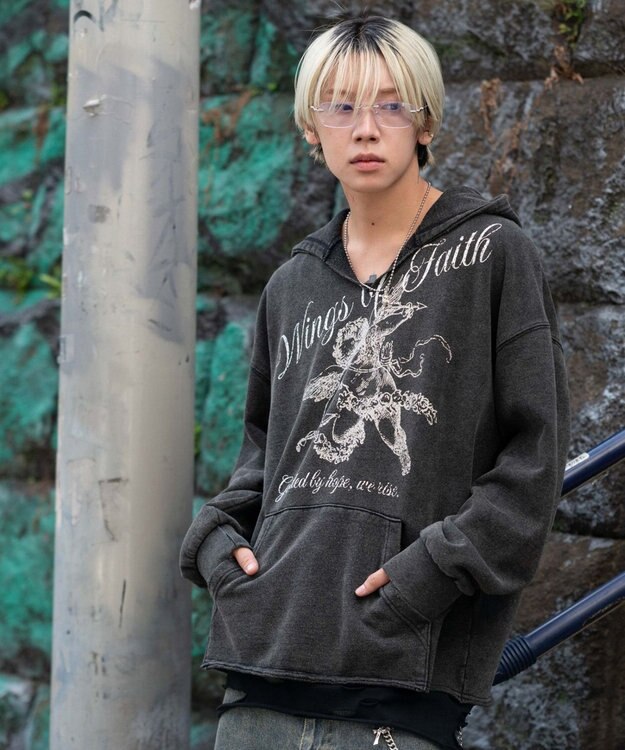 WEGO 【ユニセックス着用ITEM】ヴィンテージグラフィックキーネックプルパーカー ブラックその他