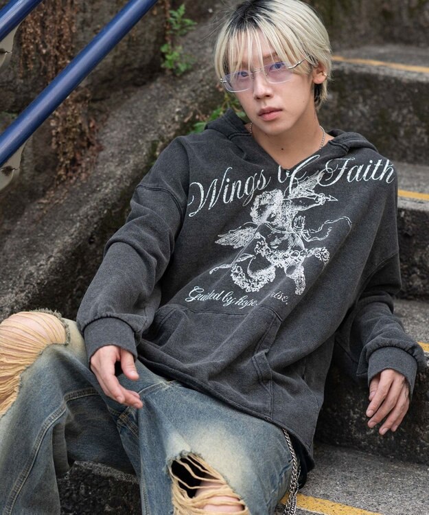 WEGO 【ユニセックス着用ITEM】ヴィンテージグラフィックキーネックプルパーカー ブラックその他