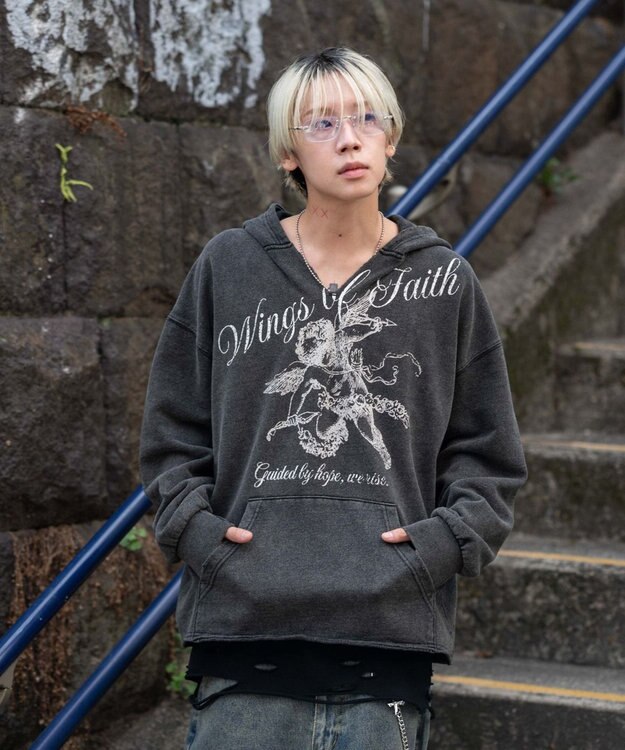 WEGO 【ユニセックス着用ITEM】ヴィンテージグラフィックキーネックプルパーカー ブラックその他