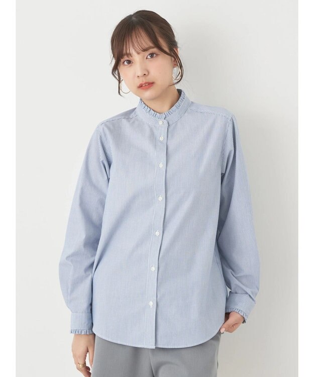 earth music&ecology スタンドフリルシャツ Stripe
