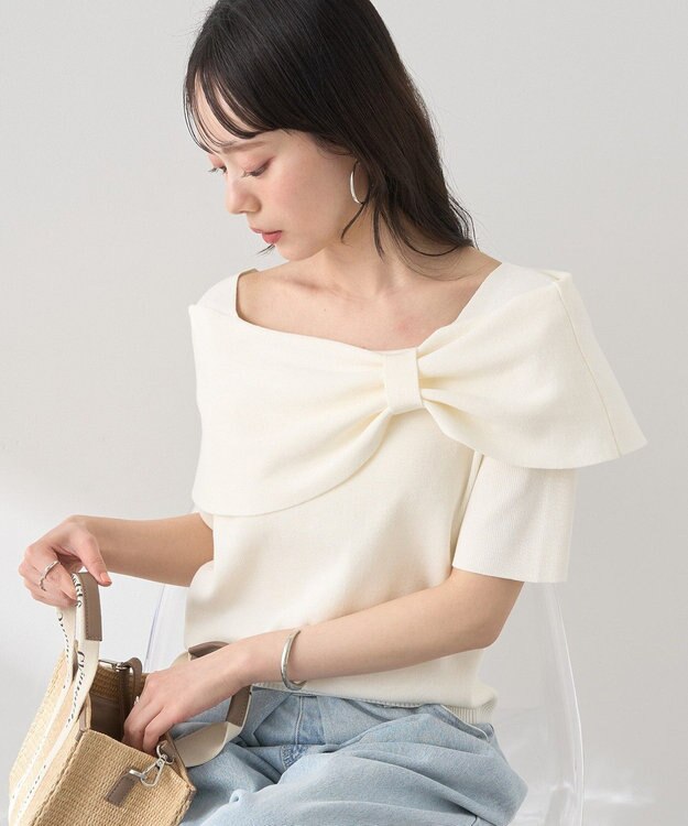 earth music&ecology リボン半袖ニットプルオーバー Ivory