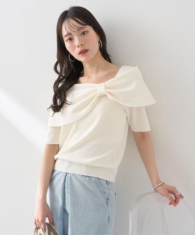 earth music&ecology リボン半袖ニットプルオーバー Ivory