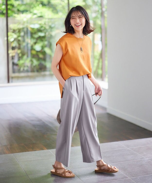 ANY 【洗濯機可能/ウエストゴム】美脚２タック ワイドパンツ グレー