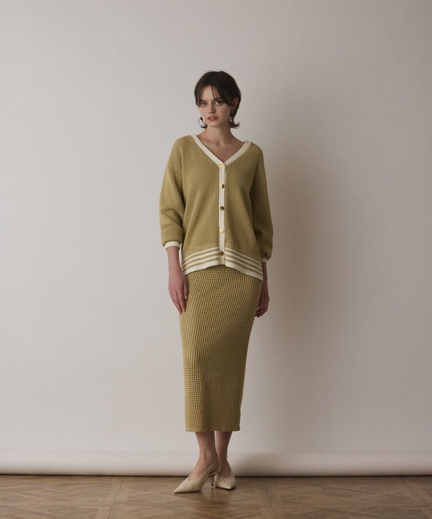 GRACE CONTINENTAL メッシュラインニットカーディガン イエロー