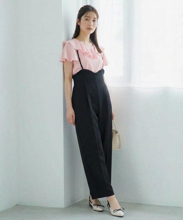 Feroux 【洗える・汗ジミが目立たない】ラッフル襟Tシャツ ピンク系