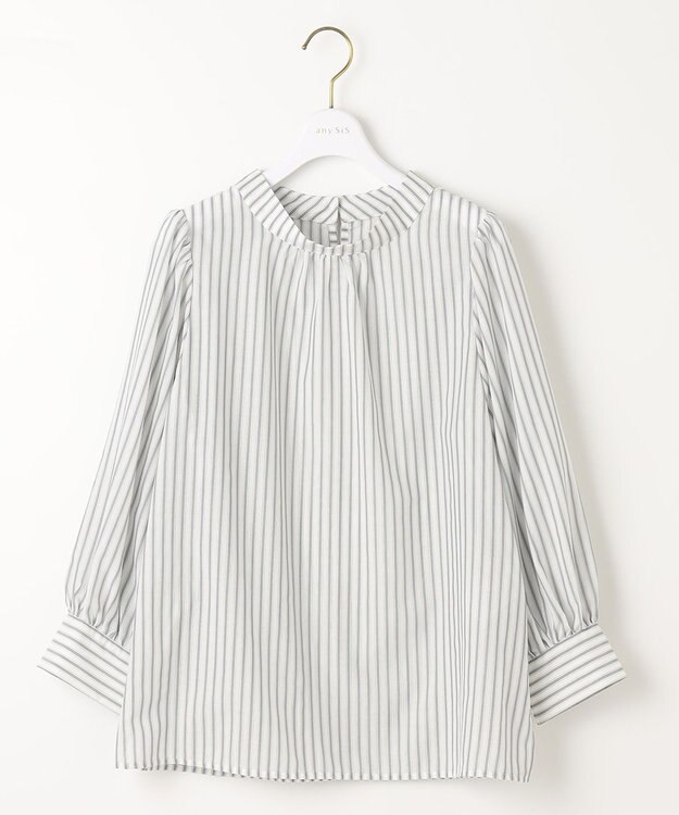 ANY SIS S 【洗える】フェイクパールストライプ ブラウス グレーストライプ