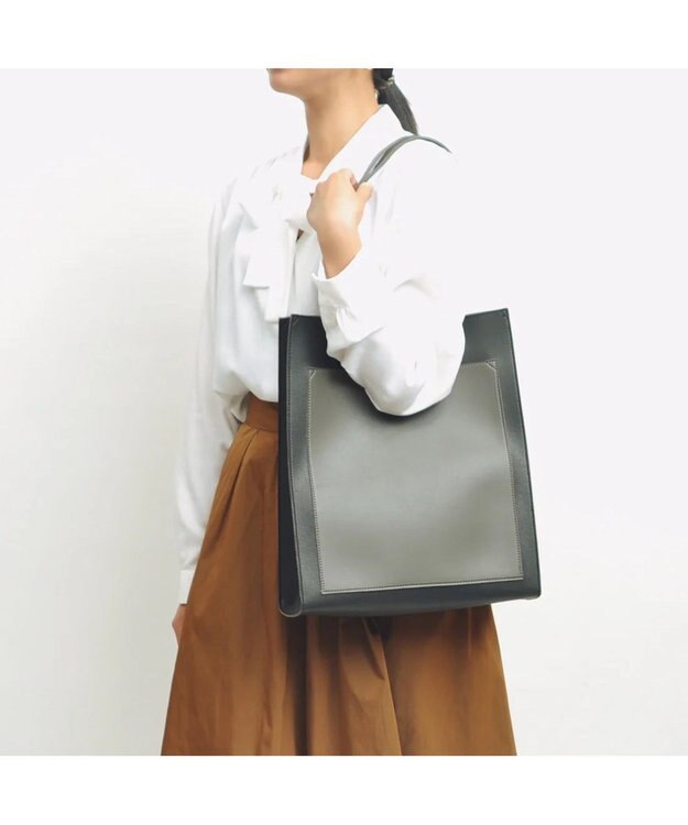 UNBILLION cachecache WEB限定シンセティックレザーフロントポケットトート ブラックグレー