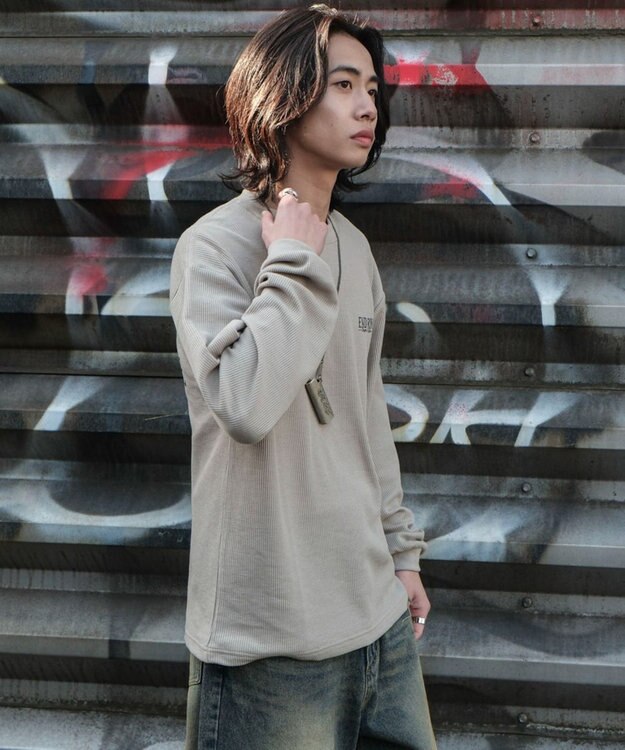 WEGO ワッフルグラフィックT（LS） ベージュその他