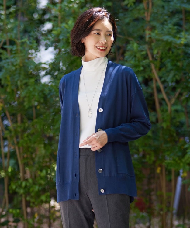J.PRESS LADIES L 【洗える】シルキーレーヨンストレッチ Vネック カーディガン ダルブルー系