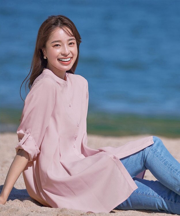 Tiaclasse 【新色追加・洗える】バンドカラーシャツチュニックブラウス ピンク