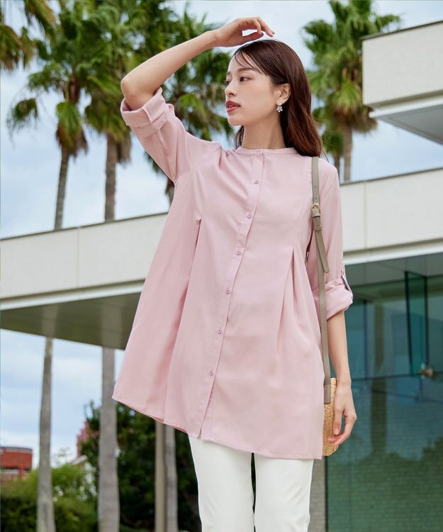 Tiaclasse 【新色追加・洗える】バンドカラーシャツチュニックブラウス ピンク