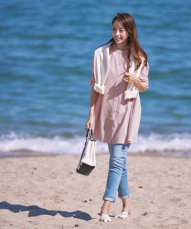 Tiaclasse 【新色追加・洗える】バンドカラーシャツチュニックブラウス ピンク