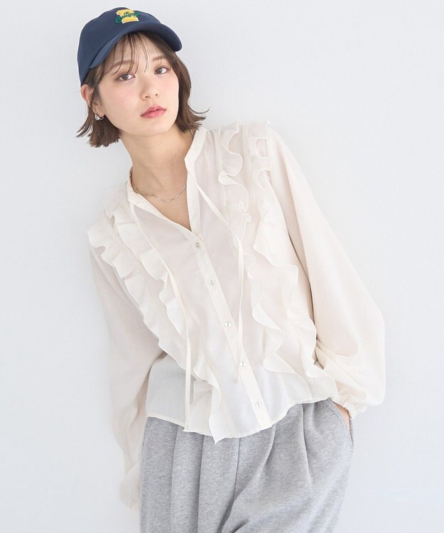 earth music&ecology フリルリボンブラウス Off White