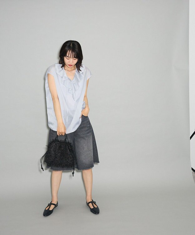 Green Parks ノースリーブストライプフリルブラウス Light Gray