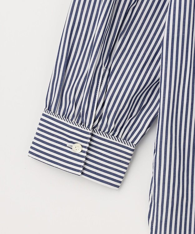 J.PRESS LADIES 【洗える】 コンパクトコットン ストライプ バンドカラー ブラウス ネイビー系1