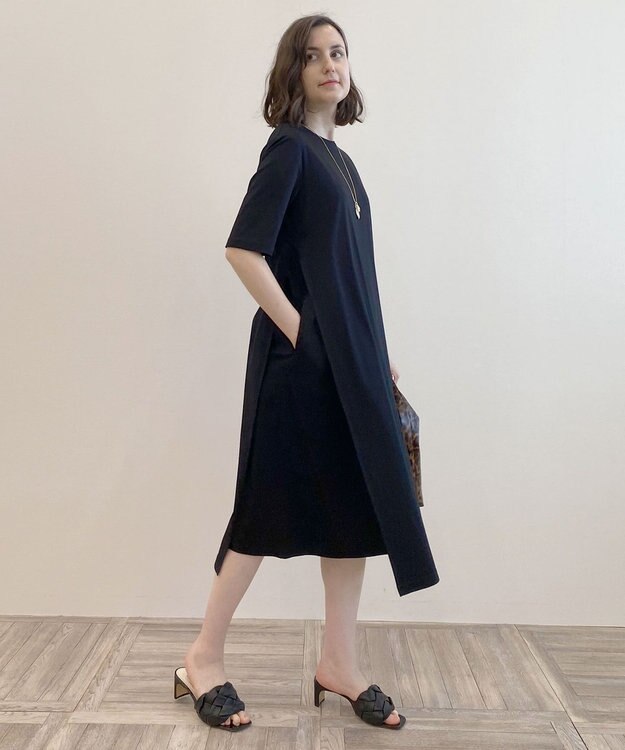 自由区 【洗える】リラックスジャージー クルーネックワンピース ブラック系