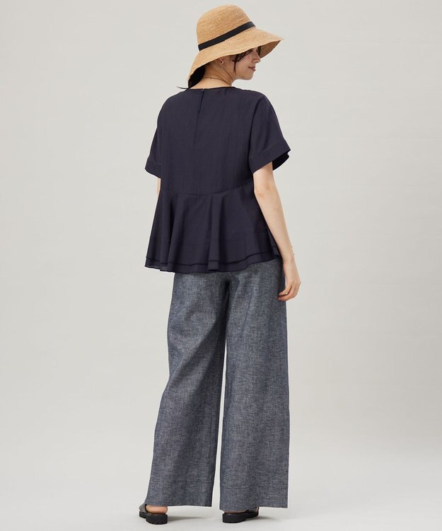 自由区 【洗える】ソフトリネンペプラム ブラウス ネイビー