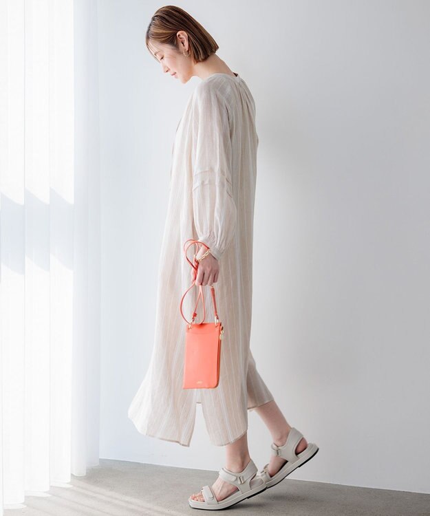 23区 【洗える】LIBECO カフタン ワンピース ベージュ×オフストライプ